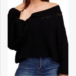 Free People Off Shoulder Black LARGE knitted boho sweater